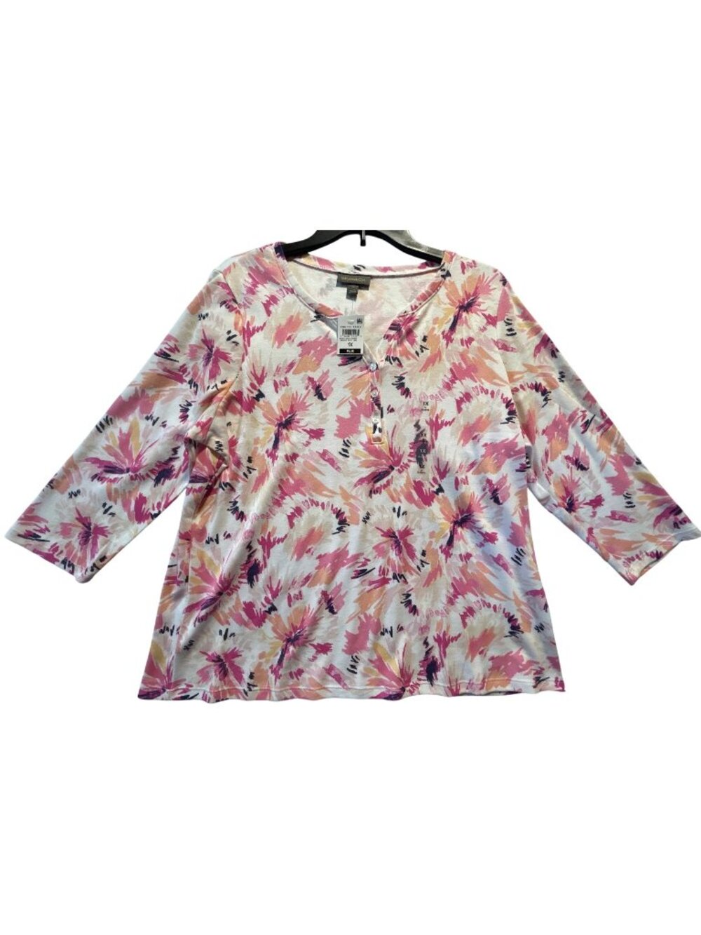 Style & Co Womens 1X Floral Print Top Bright White Combo 3/4 Sleeve